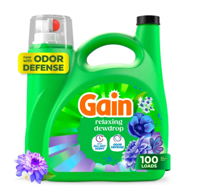 Gain Laundry Detergent Liquid, Now with Odor Defense, Relaxing Dewdrop Scent, 132 fl oz, 100 Loads