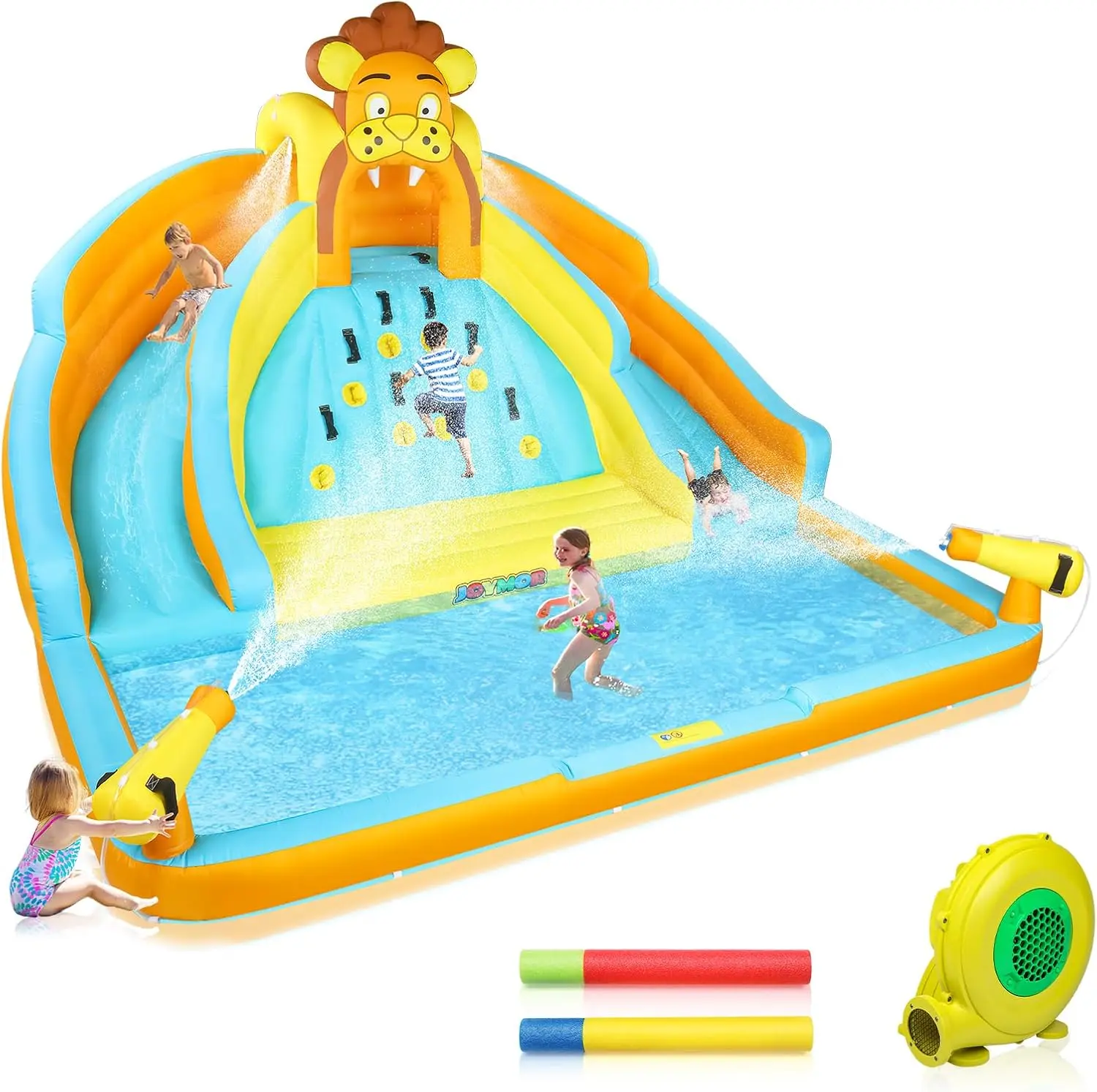 JOYMOR 7-in-1 Inflatable Water Slides for Kids Backyard w/2 Slides, Large Climbing Wall, Water Cannons, Sprinklers, 30s Blow Up Water Slide Bounce House with Blower, 2 Water Blasters, Carrying Bag