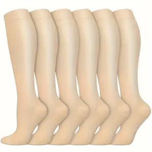 6 Pairs of Beige Compression Socks - High-Performance, Polyester for Running, Cycling, and Flight Support - All-Season, Solid Color, Hand Wash Only, Sports Socks|Compression Fit|Stretchy Material compression sock woman
