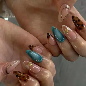 24pcs Long Almond Leopard Print French Gradient Nail Set, Includes Jelly Glue and Nail File, Perfect for Parties, Dancing, Daily Use, Nail Art Tools