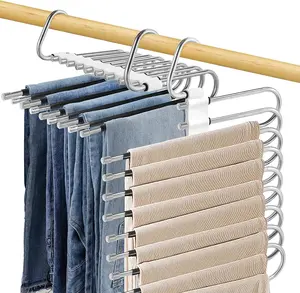 9 Layers Pants Hangers Space Saving - Non Slip Stainless Steel Multifunctional Pants Rack, Clothes Closet Storage Organizer for Pants Jeans Trousers Scarf Hanger