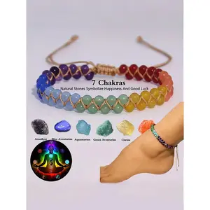 Natural Lapis Lazuli Crystal Anklet, Seven Chakra Braided Hand Rope, Symbolic Jewelry Gift for Friends, Spiritual Happiness & Good Luck, High Quality Bracelet