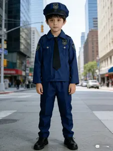 Boys Police Uniform Set, Includes Hat, Shirt, Pants, Classic Design, Lapel, Shoulder Patches, Badge, Tie, Authentic Look