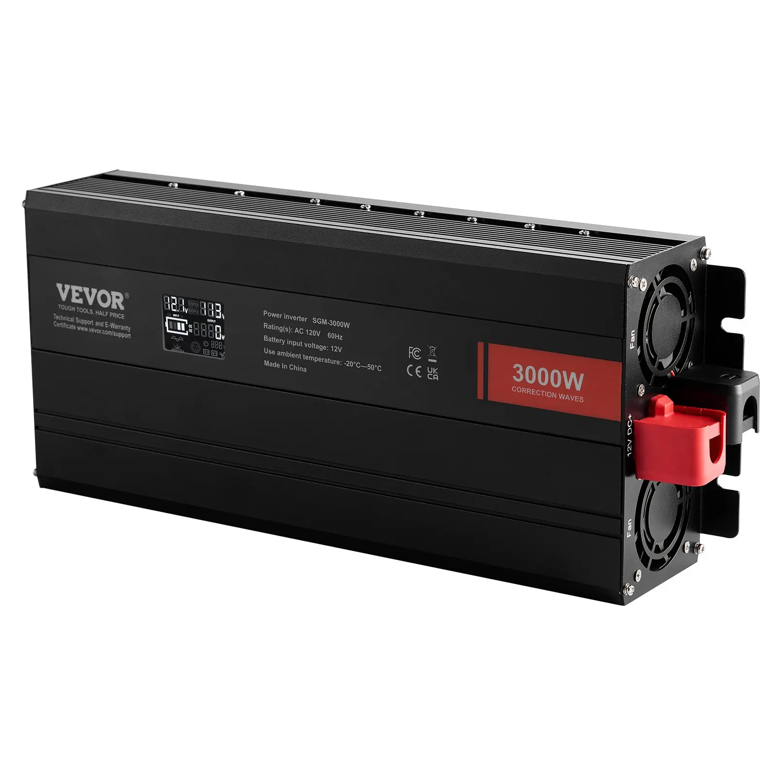 VEVOR 3000W Max Modified Sine Wave Inverter, DC 12V to AC 120V with LCD Display, 3 AC Outlets, 2 USB Ports, 1 Type-C Port, 10 Spare Fuses, Copper Wires, 6 Protections, with Accessories, for Large Household Equipment, CE FCC Certified