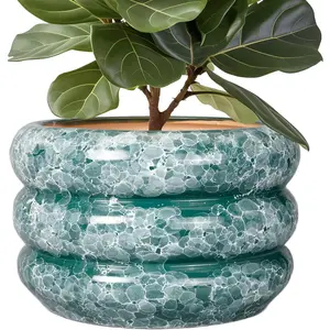 Ceramic Planter for Indoor  13.5 Inch - Large  Pot with Drainage Hole Outdoor Flower Pot Round Planter Decorative  Pot for Garden Bathroom Decor Green