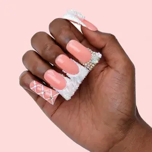 Pearl Lace & Crystal Butterfly Nails Bridal Wedding Fake Nails Long Duck Press On Nails Rhinestone Embellished Sparkly Rhinestone