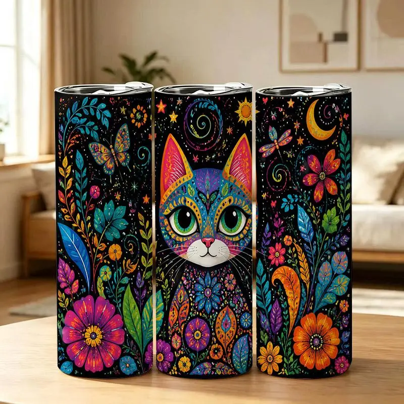 20oz Colorful Cat and Floral Galaxy Design Stainless Steel Tumbler， Tumbler with Lid Vacuum Insulated Travel Mug， Coffee Cups With Lids， Perfect Gifts For Birthday Holidays Gifts For Women and Men.
