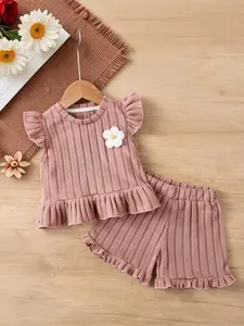 Girls' Summer Floral Sleeveless Knit Two-Piece Set, Round Neck Short Sleeve Dress, Heart Pattern, Cute Style, Ages 3-8