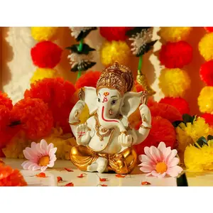 Hindu God Ganesha Idol Statue - 5.6" H Gold Toned Indian God Lord Ganpati Murti for Diwali Pooja Decor Home Mandir Temple Altar Shrine Puja Item Wedding Spiritual Decors