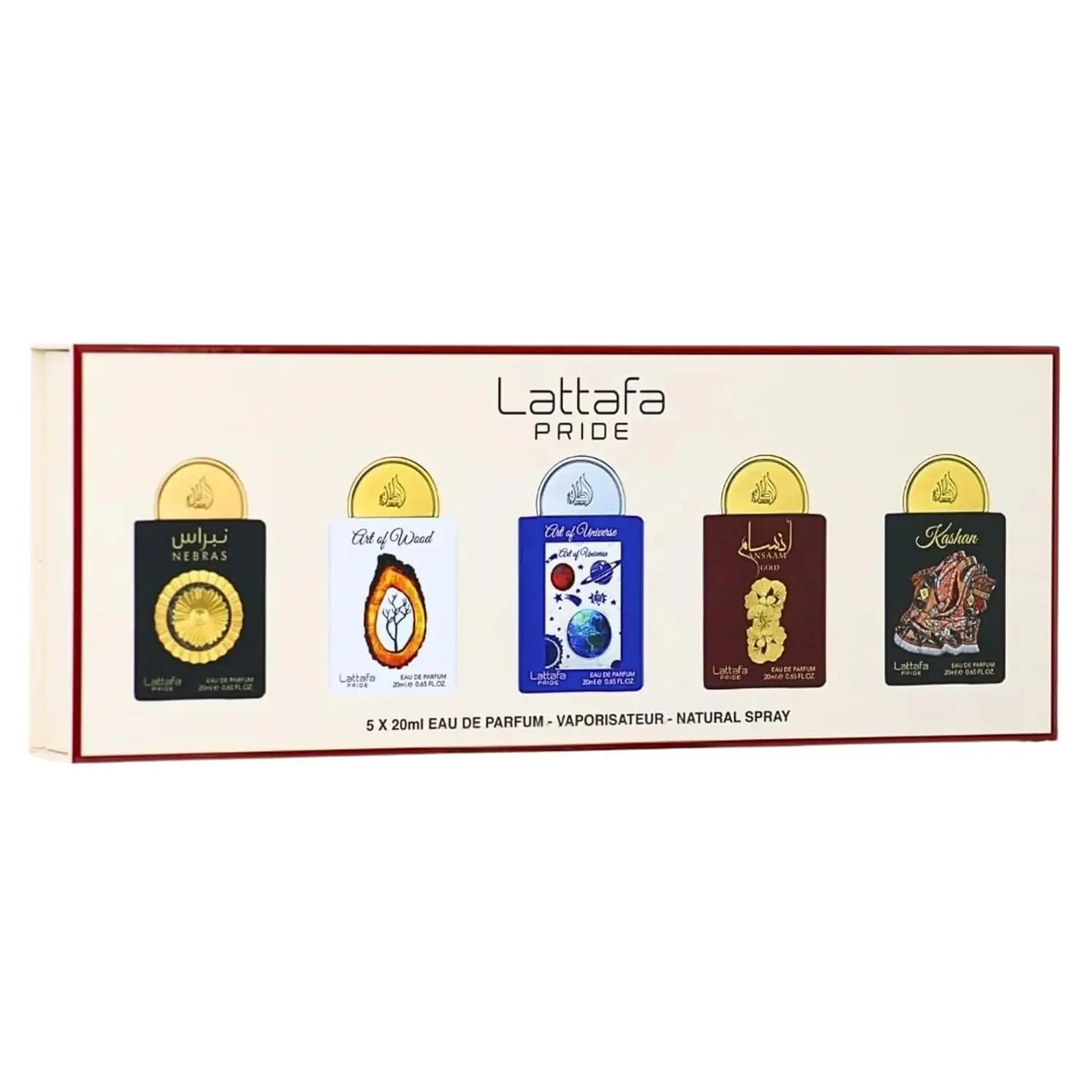 Lattafa Pride Discovery Set 4 | 5 x 20ml Eau De Parfum Spray | Nebras, Art of Wood, Art of Universe, Ansaam Gold & Kashan | Luxury Fragrance Set for Men and Women (Unisex)