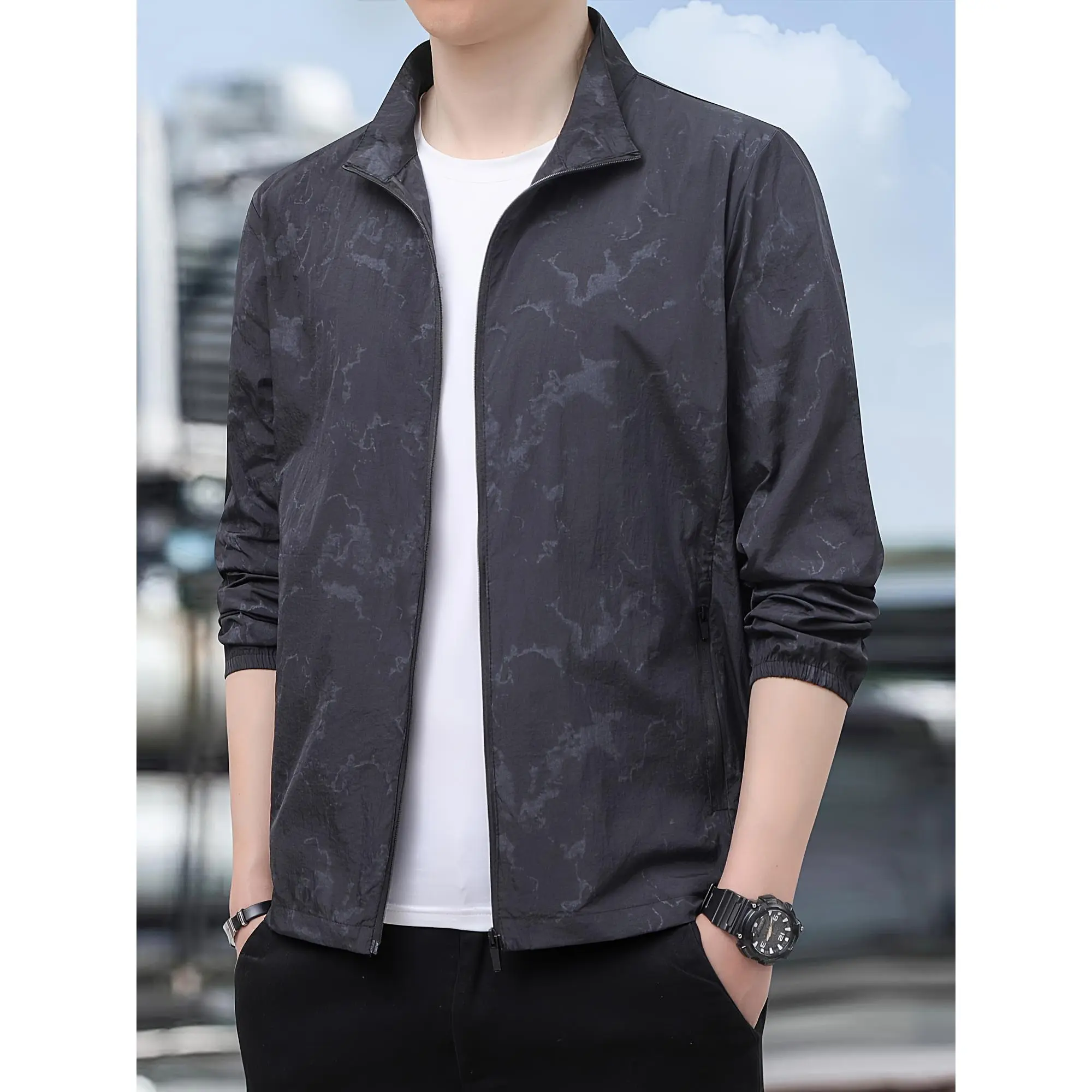 Men's Lightweight Nylon-Polyamide Windbreaker Coat - Casual Collared Neck, Zip-Up, Pocketed, Sun-Protective Beige Menswear Top for Outdoor Activities, Travel, Machine Washable, Coats, Sun Protection, Outdoors, Plain, Jackets