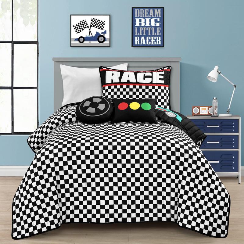 Lush Decor Racing Cars Quilt Set 4Pc or 5Pc - Microfibre Cartoon Pattern Blanket - Twin/Full/Queen Sizes with Reversible Shams & Decorative Pillows - OEKO-TEX Certified