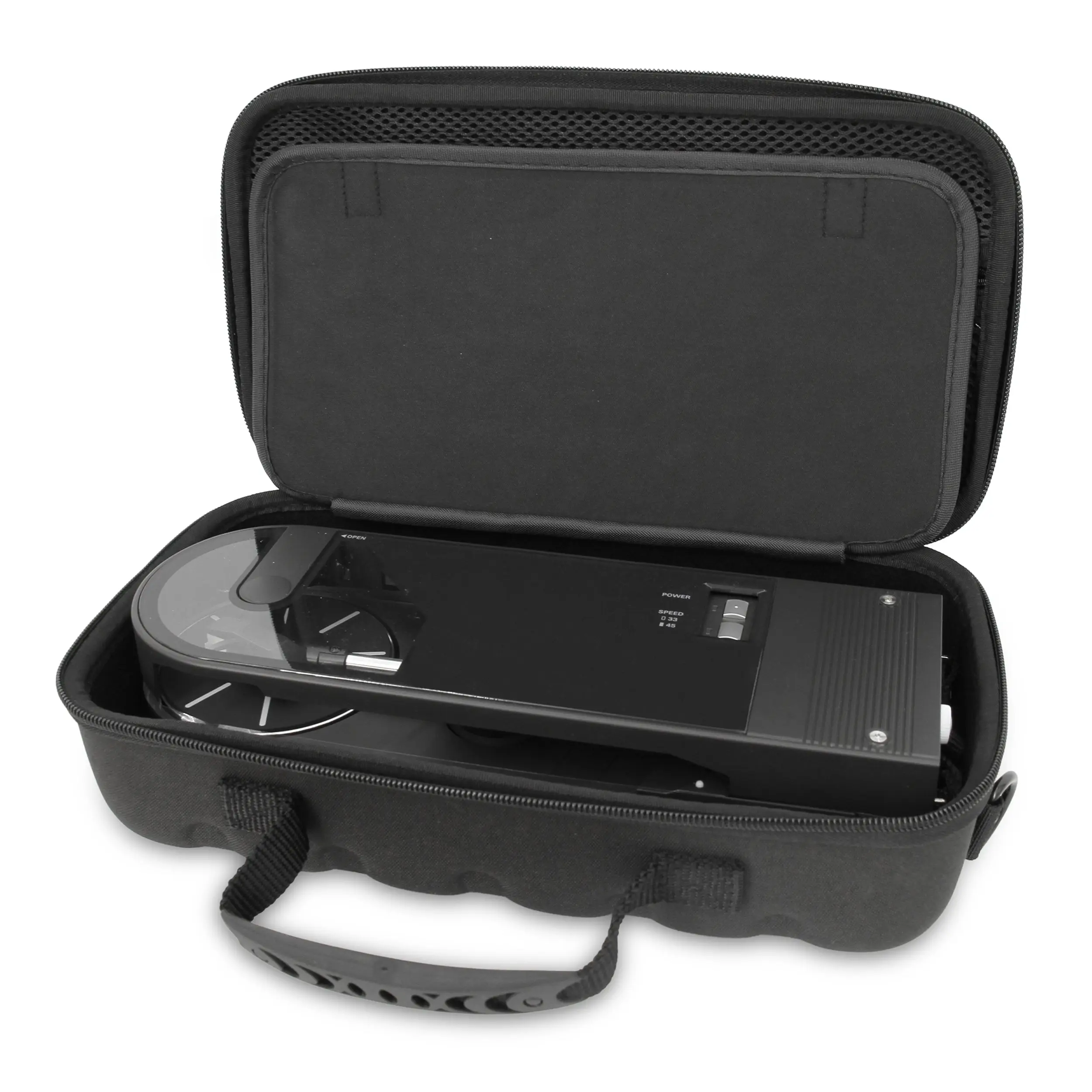 CASEMATIX Audio-Technica Sound Burger AT-SB727 Portable Turntable Hard Protective Case - Black/Grey Travel Carry Bag with Adjustable Strap & Dust-Resistant EVA Exterior