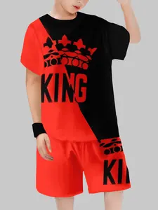 Boys Junior Cool Set, King Crown Logo Casual Short Sleeve Shorts Two-Piece, Fitted Cartoon Pattern, Crop/short Length, Youth Kits