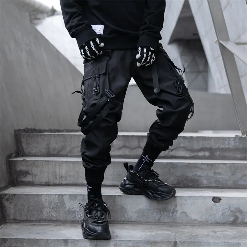 Niepce Matte Black Techwear Paratrooper Cargo Pants with Strap