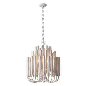 Parrot Uncle 20 Inch Borg 5-Light White Wooden Chandelier Modern Design Iron & Wood Shades Dry Location Ready
