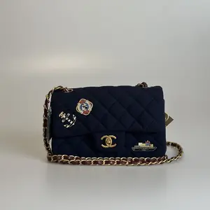 Pre-owned CHANEL Wool & Calfskin Shoulder Bag Classic Flap Navy Blue Quilted 56120997