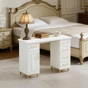 43 Inch White Nail Tech Desk, 5 Drawers & Adjustable Cabinet Shelf, Gold Handles for Salon/Home