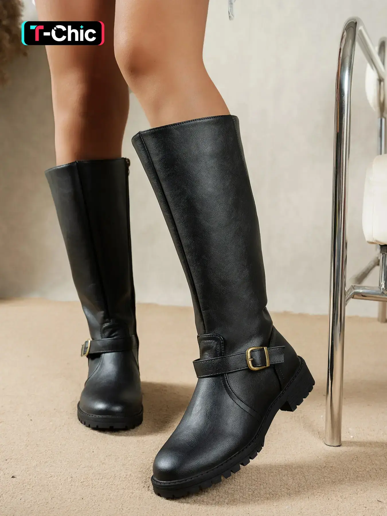 Women's Fashion Low Heel Long Boots, Casual Western Cowboy Boot Motorcycle Style, Round Toe Zipper Design, Perfect for Daily Wear, Boots Heels, Footwear