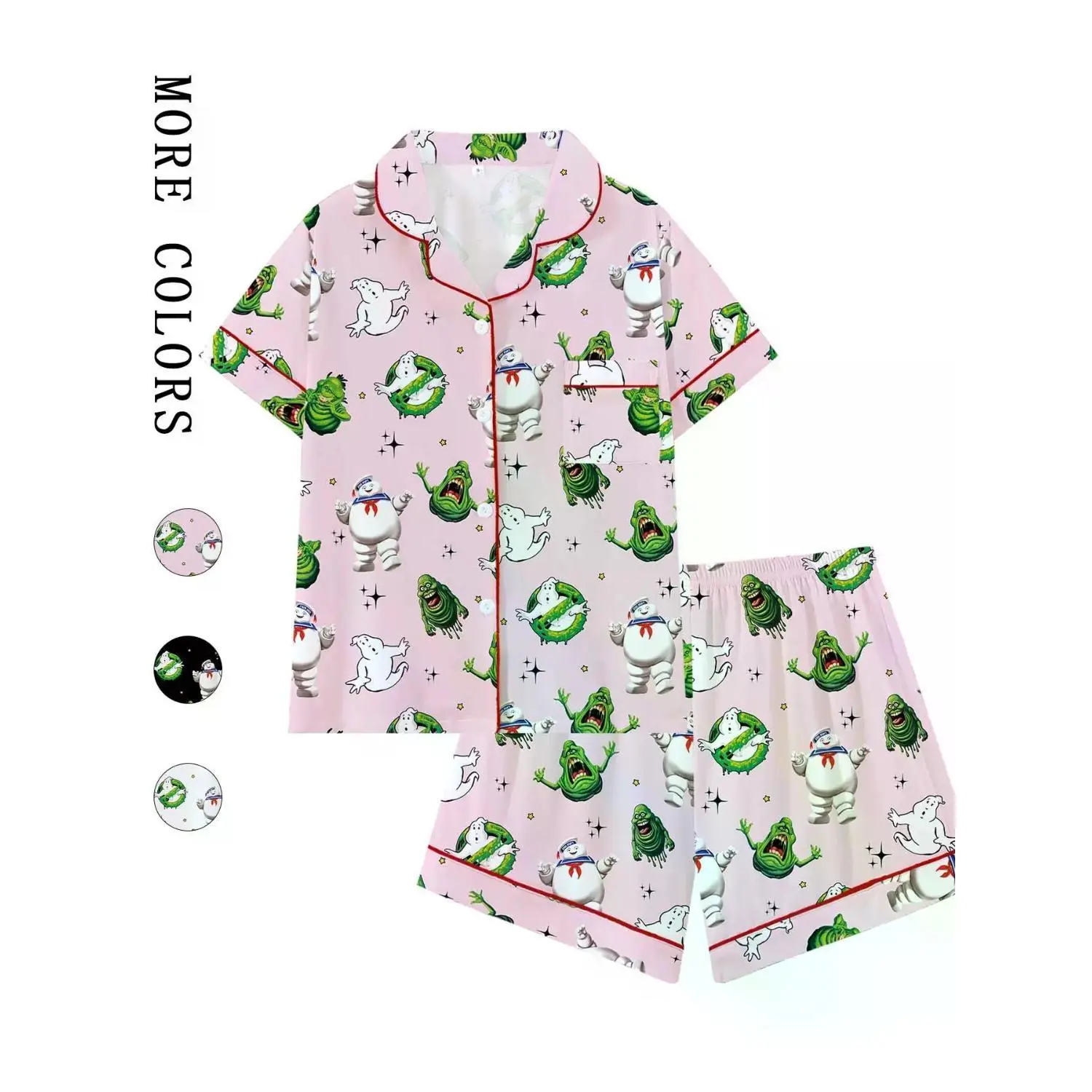 [Halloween] Nostalgic 80s Retro Monster Print Women's Pajama Set | Adorable Pink Paranormal Graphic Button-Up Sleepwear | Soft Short Sleeve Summer 2-Piece Lounge Set | Playful Sleepover PJs | Cozy Quirky Homewear Loungewear Pyjamas