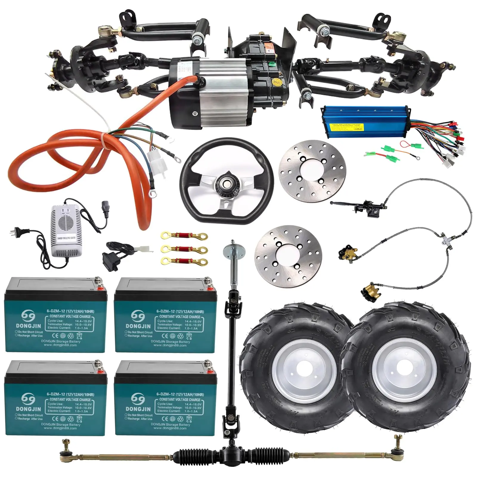 Complete Four Wheel Drive Half Axle Assembly, Go Kart 4WD Steering Wheel Gear Rack Kit, 12V 12Ah Battery, 16x8-7" Wheel for Karting ATV Quad Buggy