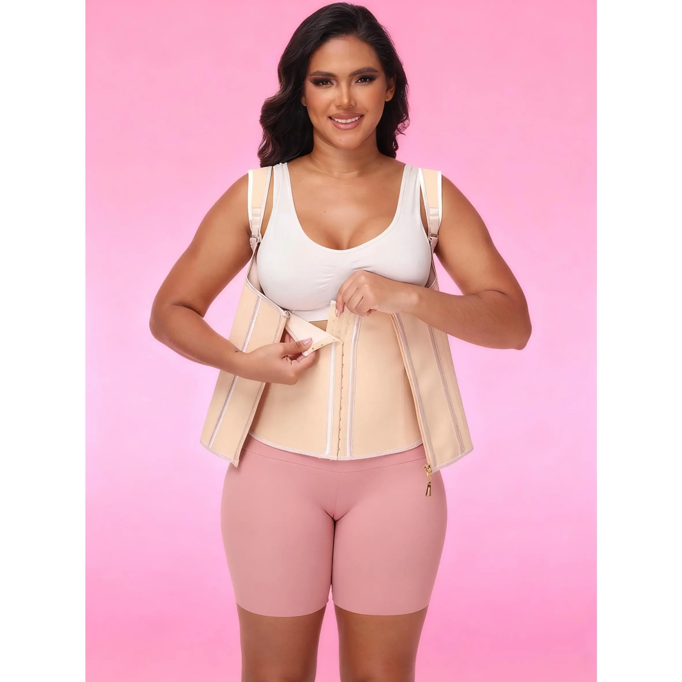 Women's Waist Trainer Corset Vest - Invisible Elastic Mesh Shapewear with Adjustable Straps, Zipper & Hook-and-Eye Closure, 17 Elastic Memory Steel Bones for Back Support, Compression, Workout, Postpartum Recovery Improvement, U-Shaped Chest, Pain Relief