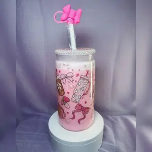 *Ready-2-Ship* 16oz Acrylic Strawberry Milk Style Cup w/ Lid & Straw- Pink, Strawberry, ribbons.