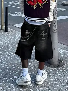 Men's Loose Fit Embroidered Denim Shorts, Casual H-Type Mid Waist Jeans, Lightweight Outdoor Wear, Perfect for Summer