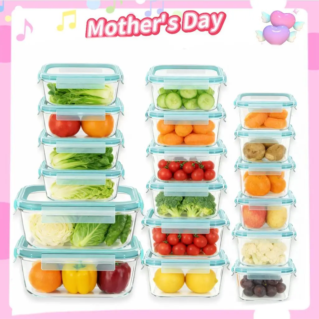 18-Piece Black & Blue Utensils with Airtight, BPA-Free, Leak-Proof Microwave-Safe Glass Food Storage Containers Set - Plastic Free, Maintains Freshness, Ideal for Families, Kitchen Prep Station Organization, Meal Prep, Plastic Free Food Storage