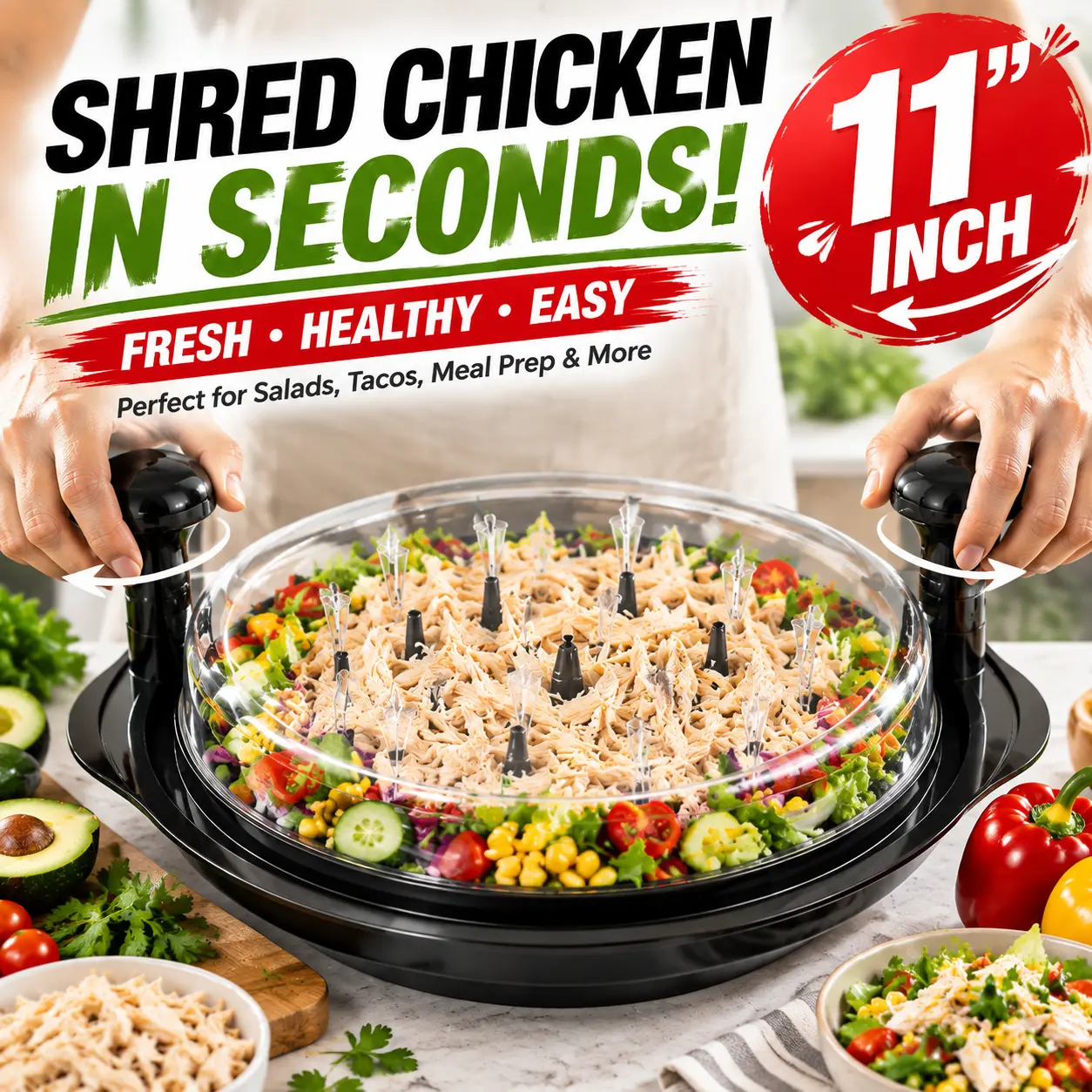 11-Inch Large Chicken Shredder Tool, Manual Meat Shredder with Visible Lid & Twist Handle, Easy Shredding for Chicken Breast, Pork, Beef and Vegetables, Dishwasher Safe Kitchen Gadget for Meal Prep Utensils