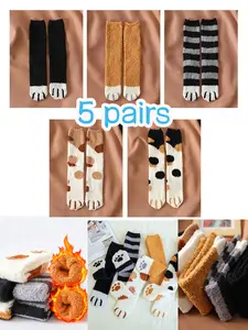 Women's 5 Pairs Cartoon Cat Paw Print Fuzzy Socks, Cute Playful Cozy Warm Midi-calf Floor Socks for Daily Home Wear, Women Socks for Winter, Cozy Winter Socks for Women Lady Girls, Womenswear
