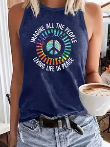 Imagine Pattern Print Tank Top, Summer Casual Round Neck Sleeveless Vest, Women's Loose-Fitting Graphic Clothing, No Button or Zipper