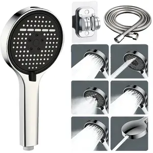 6-speed high-pressure handheld shower head with 1.5-meter hose and showerhead holder, circular large panel shower, spray gun mode, Turbo showerhead, adjustable water-saving shower head for home use, pet cleaning