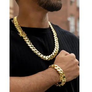 14K Gold Vacuum Plated Stainless Steel Chain & Copper Deployment Clasp Miami Cuban Link Chain Italy Mexico & Micro Inspired Unisex Hip Hop 18mm Necklace&Bracelet for Men & Women Jewelry,Daily Wear,Casual Fashion,Gift,Chicano Style,Weighty,Stackable