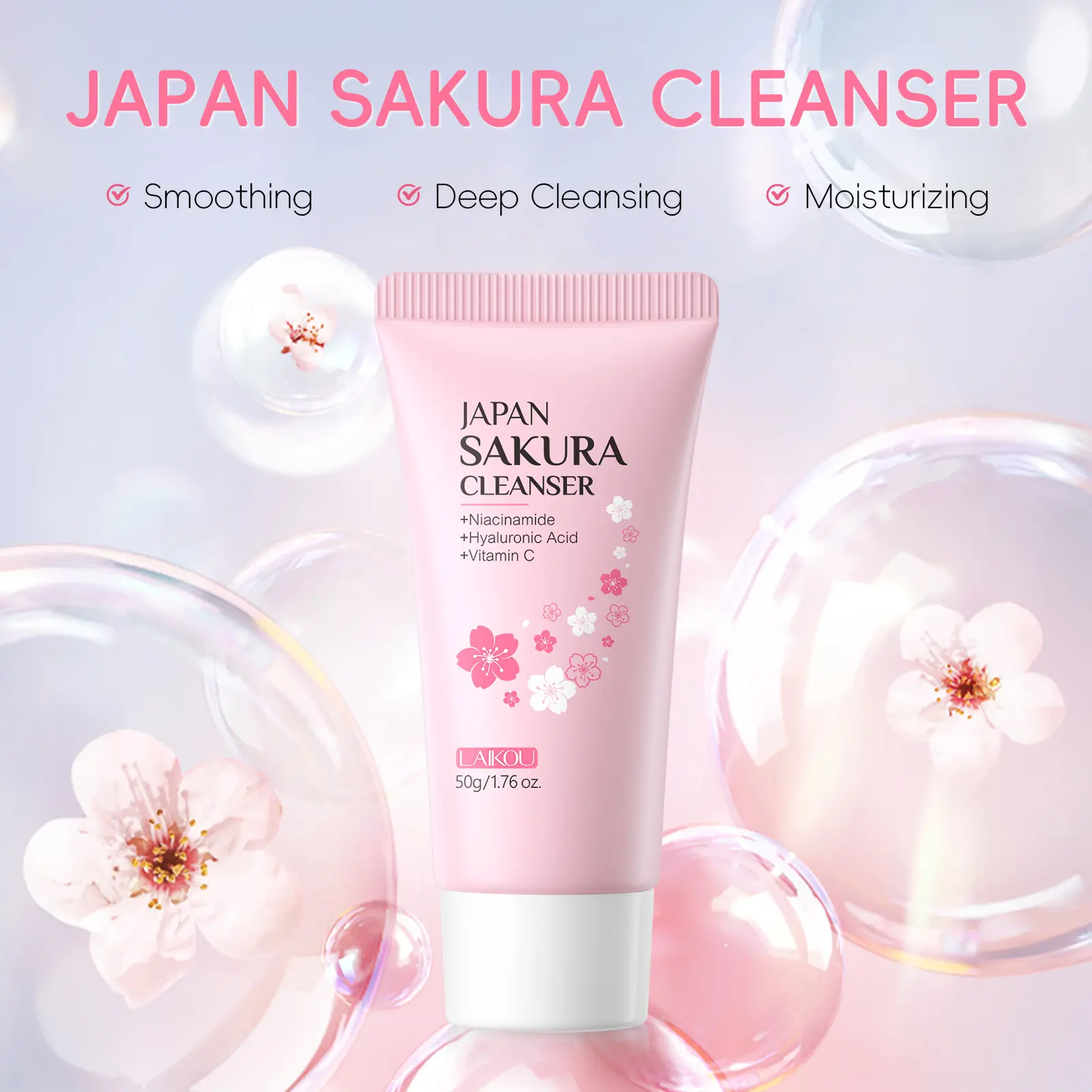 50g Cherry Blossom Face Wash, Deep Cleansing & Hydrating, Gentle Foam, For All Skin Types  Refreshing Pore Care, Oil Control, Healthy Glow Moisturizing Non-Dry Formula, Soft & Smooth Skin