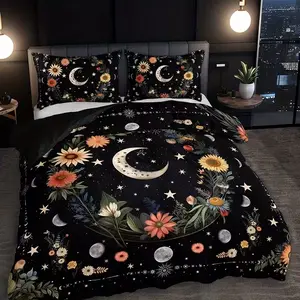 Dreamy floral and moon patterns on a black background Duvet Cover Set, 3-Piece Includes 1 Fitted Sheet and 2 Pillowcases, Soft Breathable Design for Bedroom and Guest Room, Decorative Duvet Cover