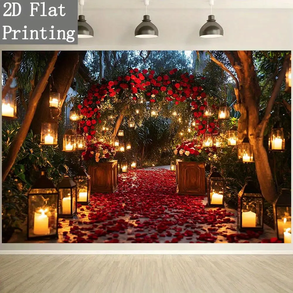 1PC,2D Flat Romantic Wedding Backdrop, Rose Petals Candle Lantern Forest Arch Scene, Background Cloth for Birthday Party Proposal Engagement Photography, Decorative Curtain for Bedroom Living Room Fes, Banners, Photo Booth, One-Piece