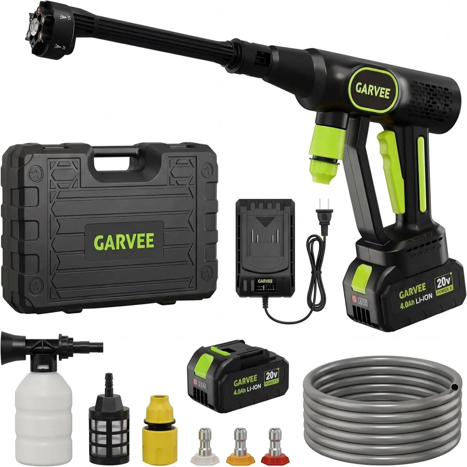 Garvee Portable Cordless Pressure Washer, 20V Battery-Powered Washer with 5-in-1 Multifunctional Nozzle, 4.0Ah Battery, Handheld Grip & 320 PSI Power, Car Washing Sprayer for Garden, Home