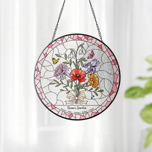 Delay Shipping  Birth Flower Suncatcher with Magnetic Box, Personalized Stained Glass Window Hanging, Grandma's Garden Gift for Mom Grandma