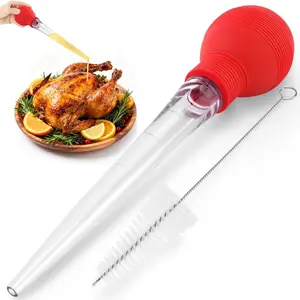 Large Turkey Baster for Cooking - Premium Baster Syringe for Hot Liquids - Heat-Resistant Silicone Bulb, Easy-Grip Design with Cleaning Brush - Dishwasher Safe - Season Food with Ease - Red