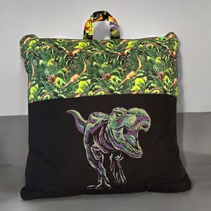 Reading Pillow - Ferocious Dinosaur Handcrafted Cotton with Embroidered Pocket & Convenient Handle for On-the-Go Reading Enthusiasts