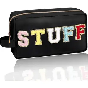 Chenille Letter Patch Glitter Makeup Bags, Preppy Nylon Zipper Cosmetic Bag Chenille Letter Embroidery Travel Toiletry Storage Pouch Toiletry Bag Stuff Organizer for Women Girls