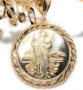 Gold Plated Saint Jude Pendant Necklace Figaro 26" San Judas Tadeo Virgen Centenario Medalla Oro Laminado