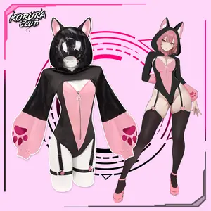 KORURACLUB Women's Soft Colorblock Bodysuit, Cute Fox Ear Hood Fashion Outfit with Paw-Print Sleeve & Adjustable Straps for Parties