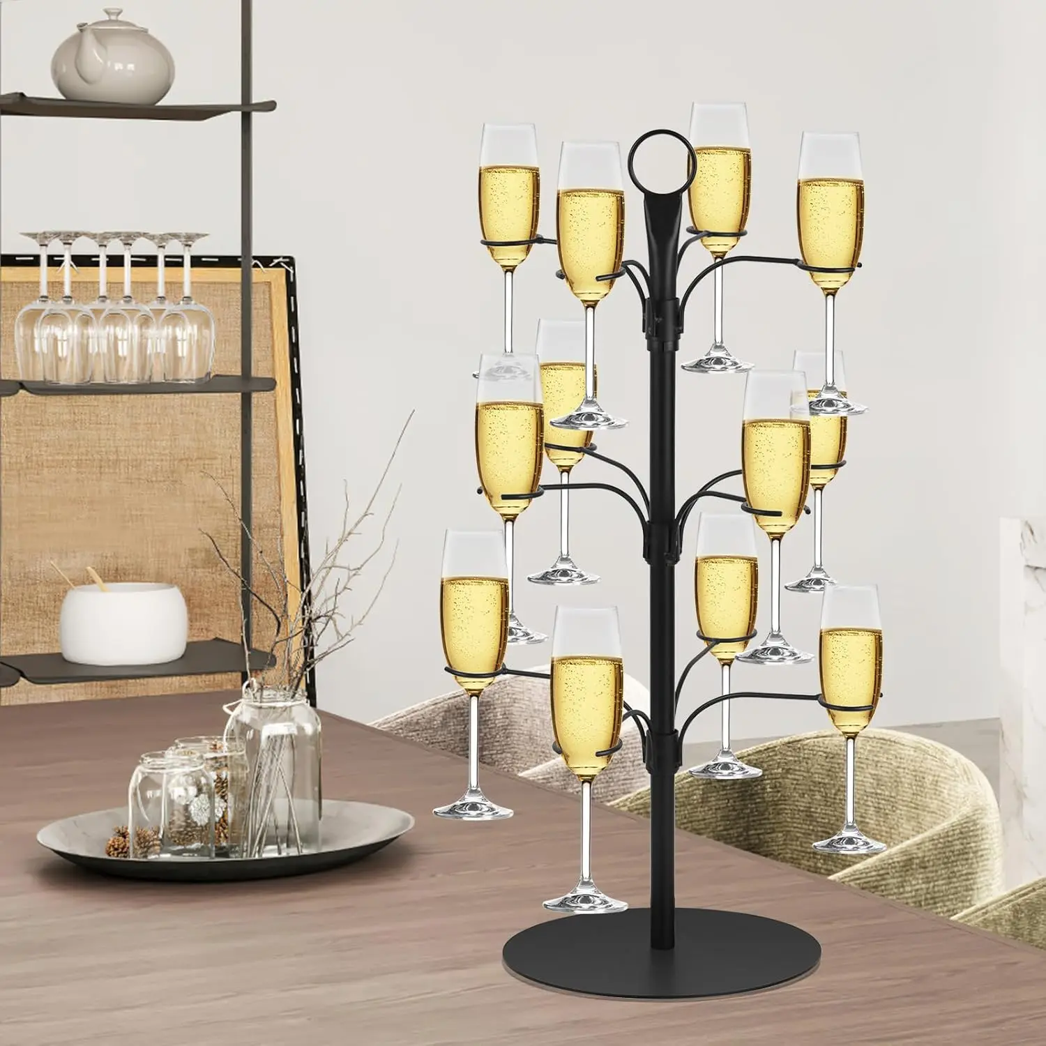 Aesthetic Modern 3-Tier 12-Holder Cocktail Tree Stand - Home & Bar Drink Organizer for Champagne, Gin, Wine Glasses, Party Supplies, Organize, Design