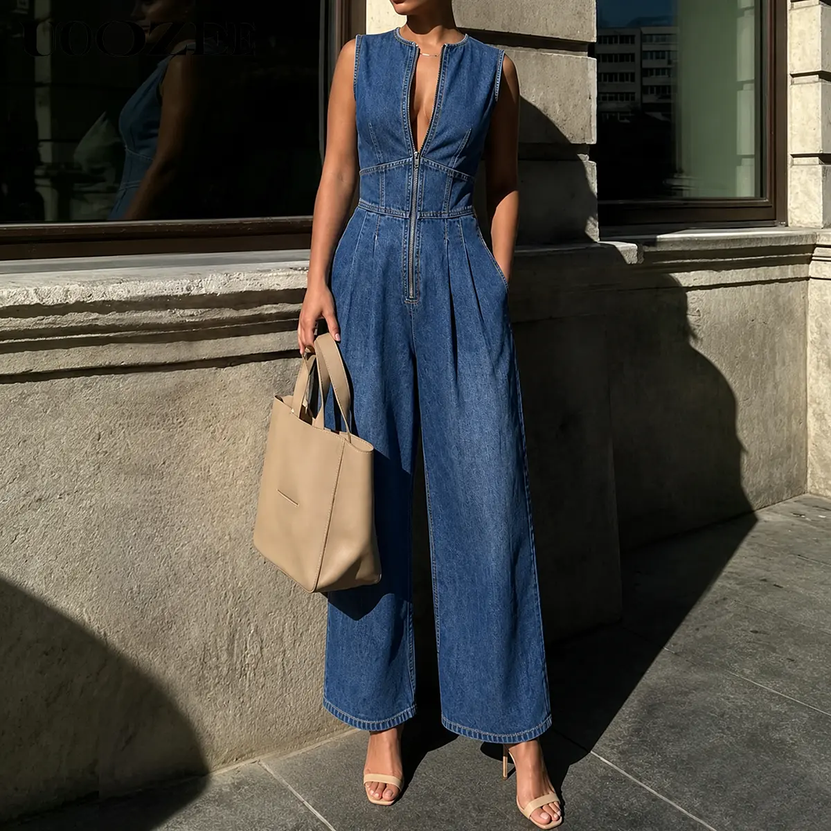 UOOZEE Women's Fall Barrel Overalls Vintage Sleeveless High-Waist Wide-Leg Denim Jumpsuit - Rayon-Cotton-Polyester Fabric, Front Zip, Side Pockets, Basic Minimalist Women's Clothes, Concert Outfits (1 Size Up for C-Cup+)