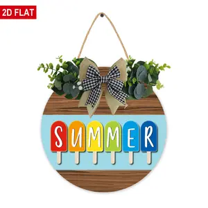 12 Inch Hello Summer Door Sign Ice Cream Welcome Summer Wreath Decor Beach Hanging Door Hanger Farmhouse Decorations for Wall Front Porch Decor