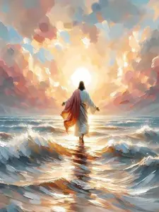 Jesus Walking on Water Diamond Painting Kit - Sunset Ocean Rhinestone Art, Full Drill DIY Wall Decor