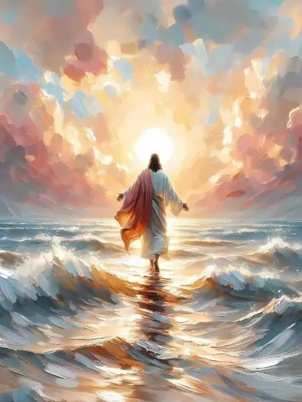 Jesus Walking on Water Diamond Painting Kit - Sunset Ocean Rhinestone Art, Full Drill DIY Wall Decor