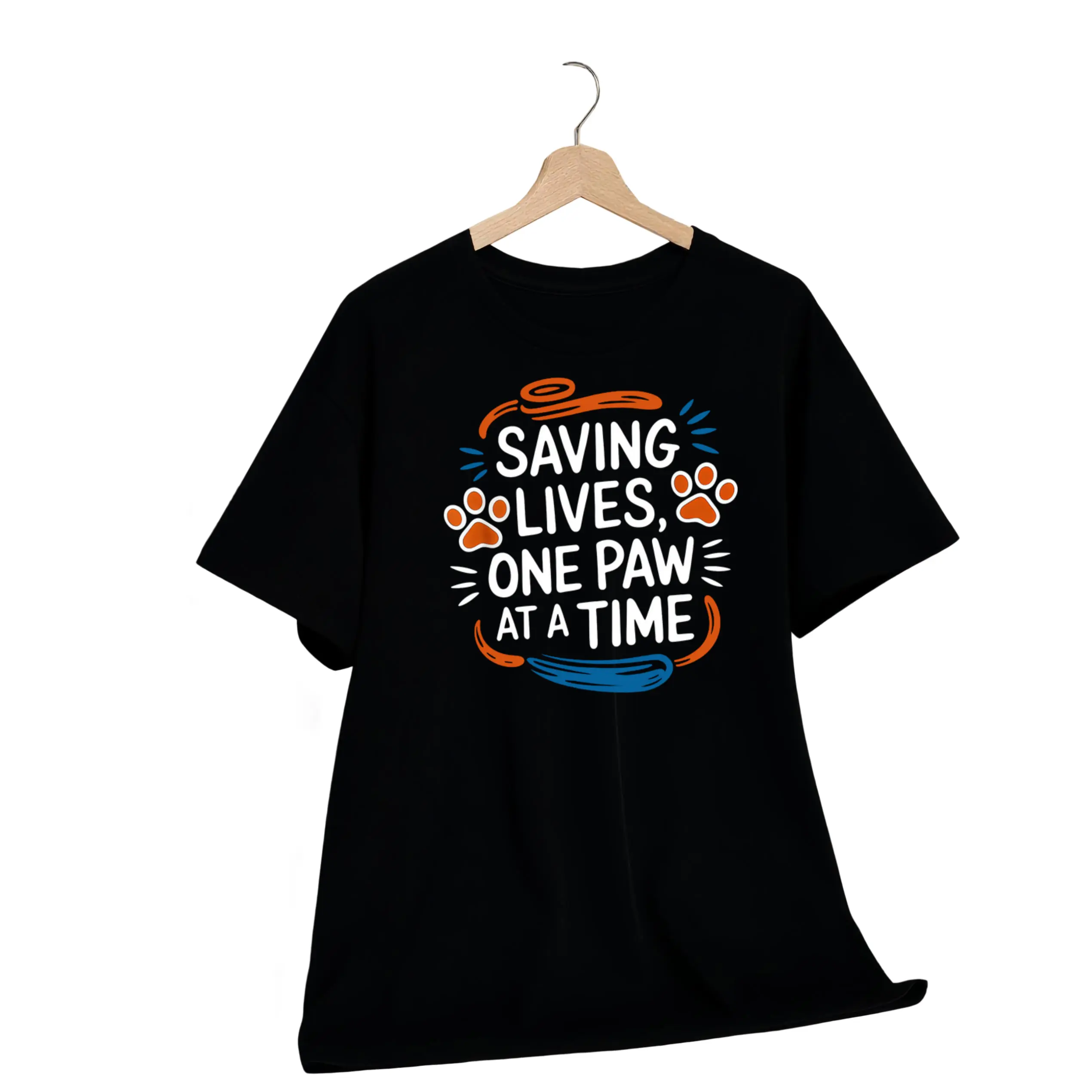 Women'S Pet Rescue Graphic T-Shirt - "Saving Lives, One Paw at a Time" Design, Black Short Sleeve Crew Neck Casual Top for Spring & Summer, Animal Shelter Support Tee